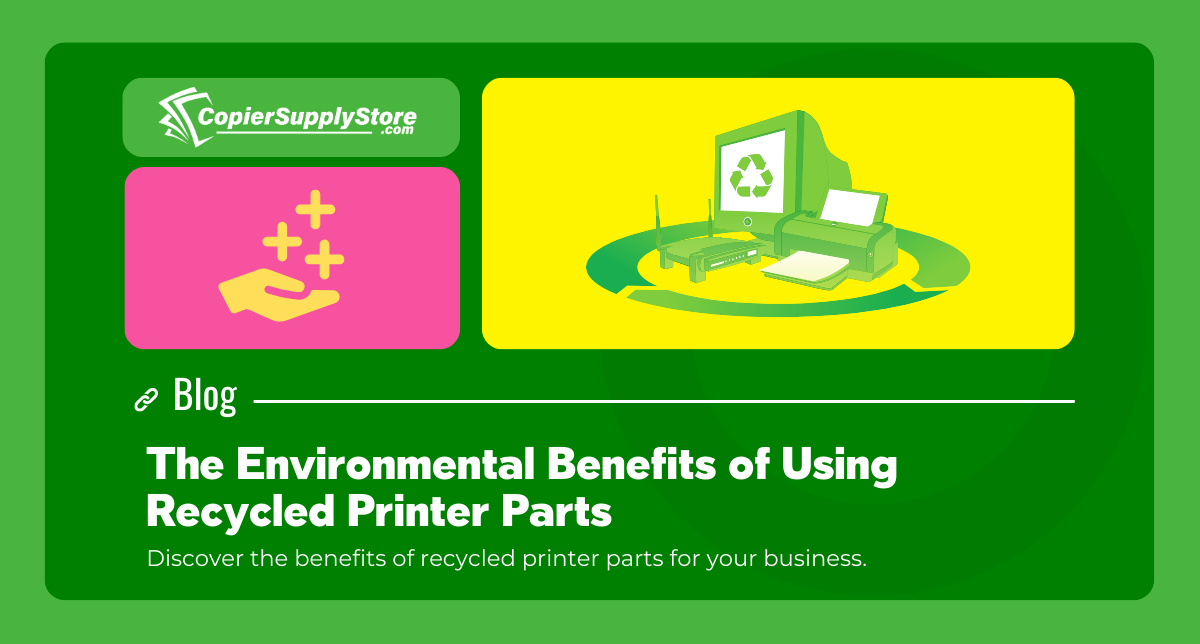 Graphic illustration of a blog post from CopierSupplyStore.com titled "The Environmental Benefits of Using Recycled Printer Parts." The design features vibrant colors with icons representing environmental sustainability and recycling. The content highlights the benefits of recycling printer parts for businesses.