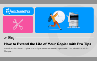 The image displays a blog post banner from "CopierSupplyStore.com" with the title "How to Extend the Life of Your Copier with Pro Tips." It features two graphics: a wrench icon on a pink background, symbolizing maintenance, and a person running toward a clock with a copier, illustrating time and longevity. The text emphasizes that maintaining a copier helps ensure seamless operation and prolongs its lifespan. The keyword "copier lifespan" is relevant here