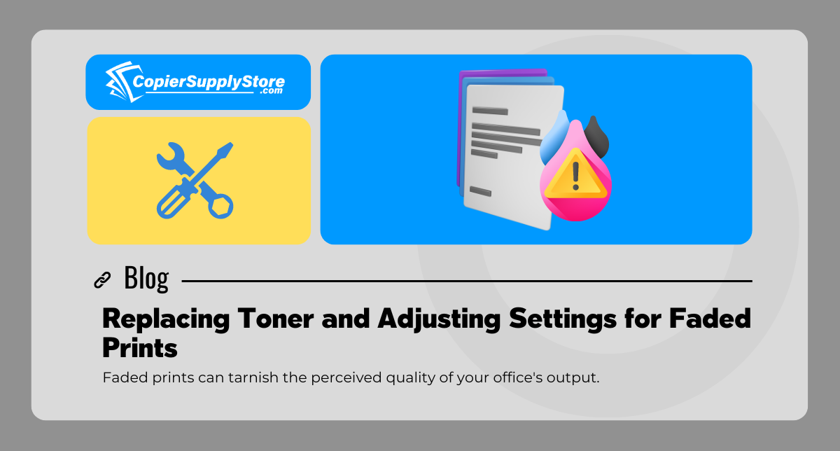 The image displays a blog post banner from "CopierSupplyStore.com" with the title "Replacing Toner and Adjusting Settings for Faded Prints." It features two graphics: a wrench icon on a yellow background, symbolizing maintenance, and an illustration of a warning symbol with ink droplets and documents, highlighting print quality issues. The text promises to guide users through resolving toner-related issues and fixing faded prints efficiently. The keyword "faded prints" is emphasized here.