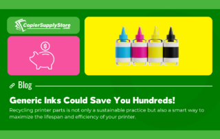 Copier Supply Store blog post graphic featuring the title 'Generic Inks Could Save You Hundreds' The image includes an illustration of cyan, magenta, yellow, and black inks with an icon of a piggy bank symbolizing the affordability of the inks.