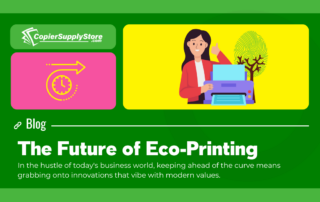 Copier Supply Store blog post graphic featuring the title 'The Future of Eco Printing.' The image includes an illustration of a woman giving a thumbs up, a tree with a green thumbprint behind it, and a clock with arrows symbols, symbolizing the future of eco printing which is sustainability