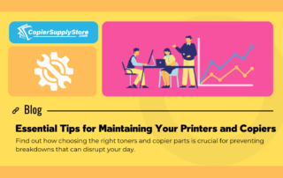 Graphic illustration of a blog post from CopierSupplyStore.com with the title "Essential Tips for Maintaining Your Office Equipment." The design features a bright, colorful layout with an icon of a gear and tools on the left and a business meeting scene with a chart in the background on the right. The text below suggests how choosing the right toners and copier parts is crucial for preventing breakdowns that can disrupt your day.