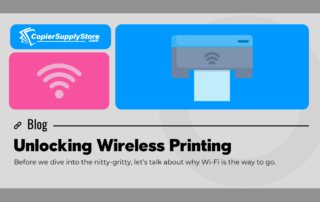 log feature image for CopierSupplyStore.com titled 'Unlocking Wireless Printing.' The image includes a Wi-Fi symbol and a wireless printer icon, highlighting the benefits of wireless printing. The blog explores why Wi-Fi printing is a must-have for modern offices.